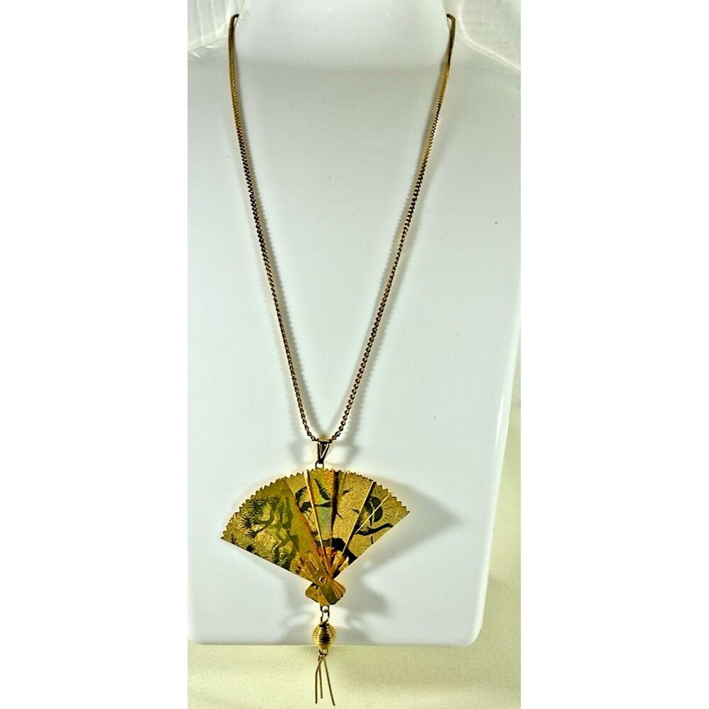Vintage Folding Fan Necklace with Hanging Tassel Gold Plated 20" 70s MCM Asian
